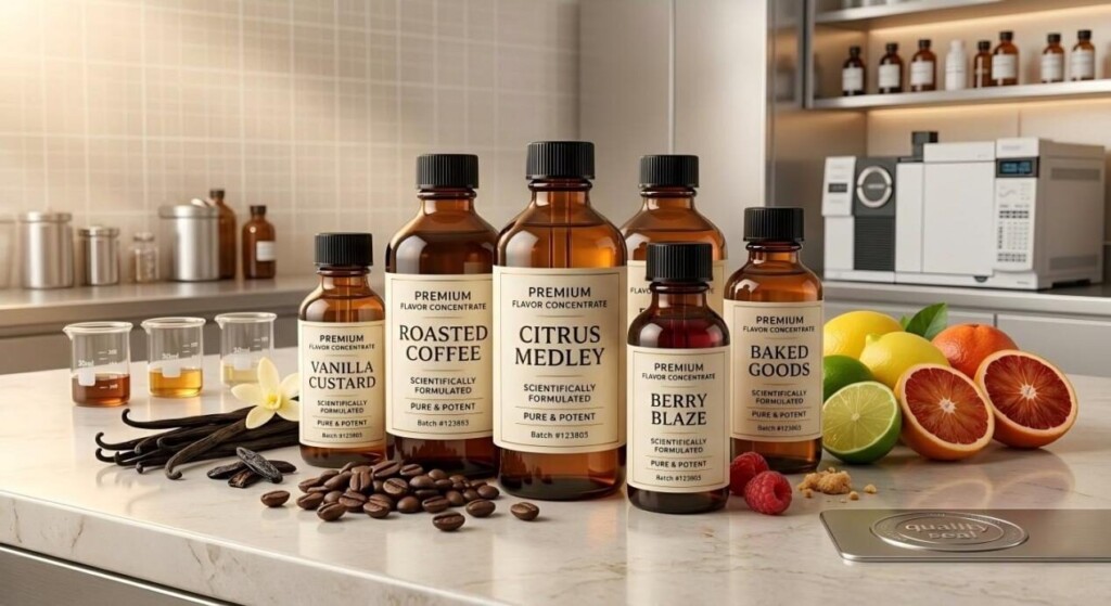 Showcasing the pinnacle of flavor science: Premium e-liquid concentrates with fresh, raw ingredients.