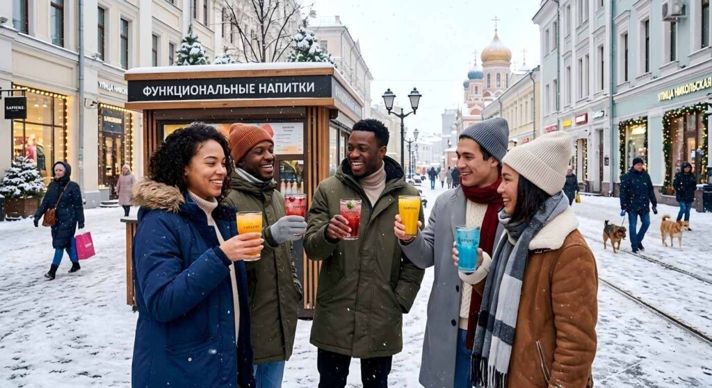 Lifestyle image of consumers enjoying perfectly emulsified functional beverages in a snowy, vibrant urban environment.