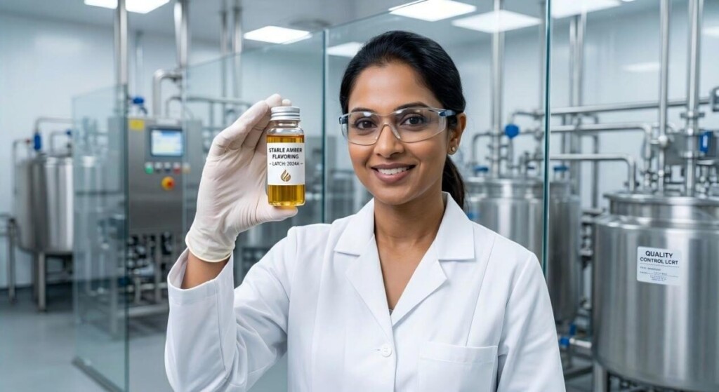 A focused laboratory technician presents a perfectly stable, crystal-clear vial of amber flavoring.