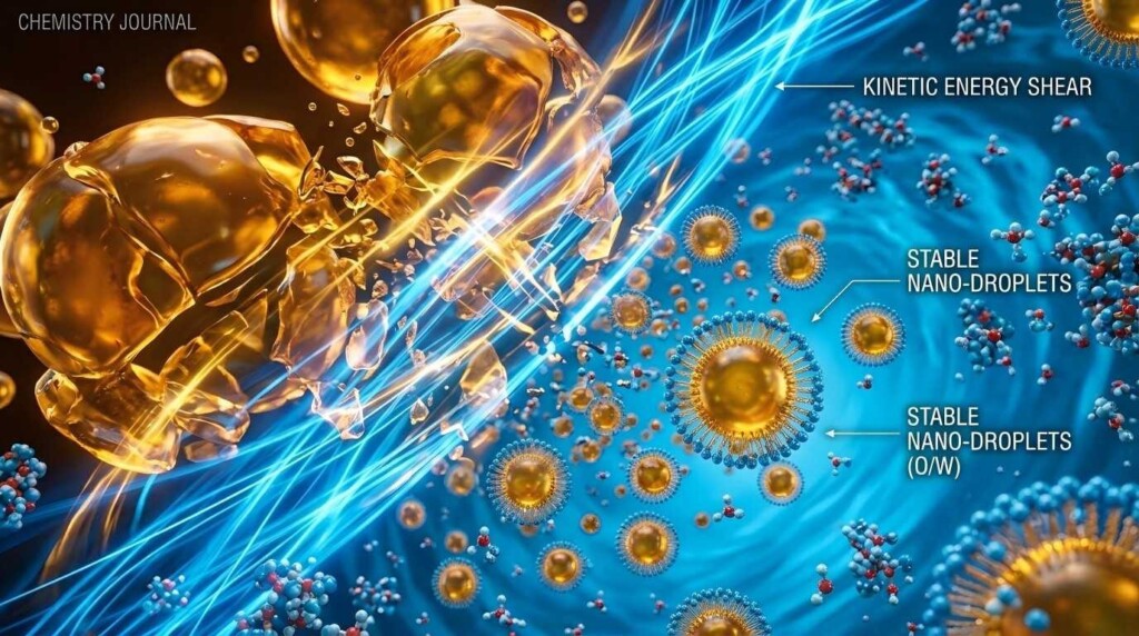 Dynamic 3D rendering of the nano-emulsification process, showing oil droplets breaking into nano-particles via high-tech chemical engineering.