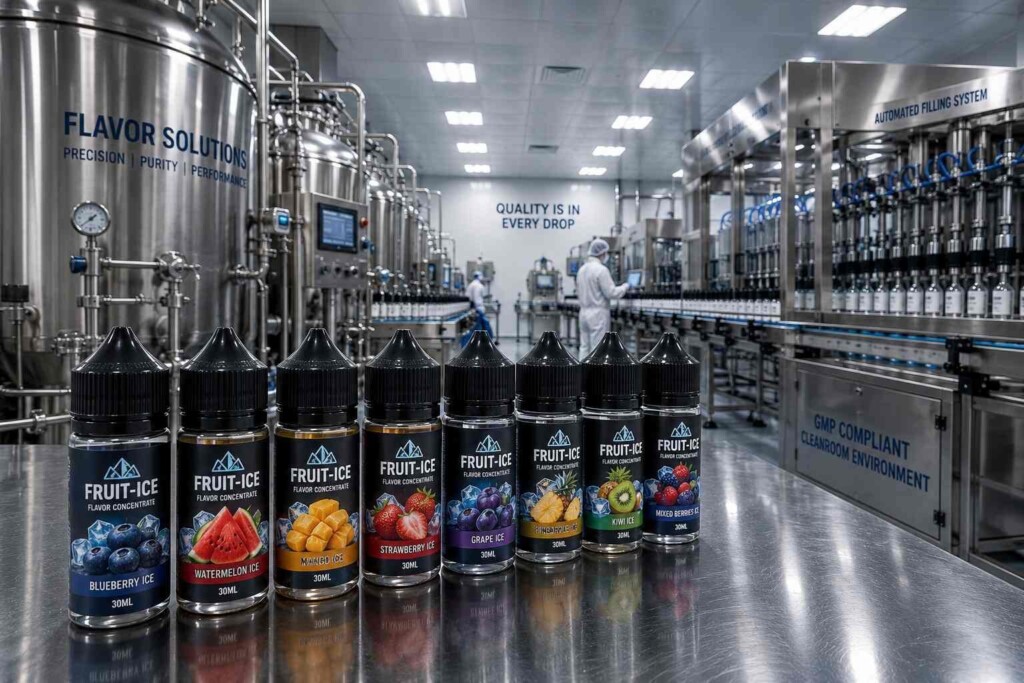 A photorealistic cleanroom manufacturing facility showcasing industrial-scale e-liquid production, stainless steel mixing systems, and premium fruit-ice flavor concentrate bottling lines.