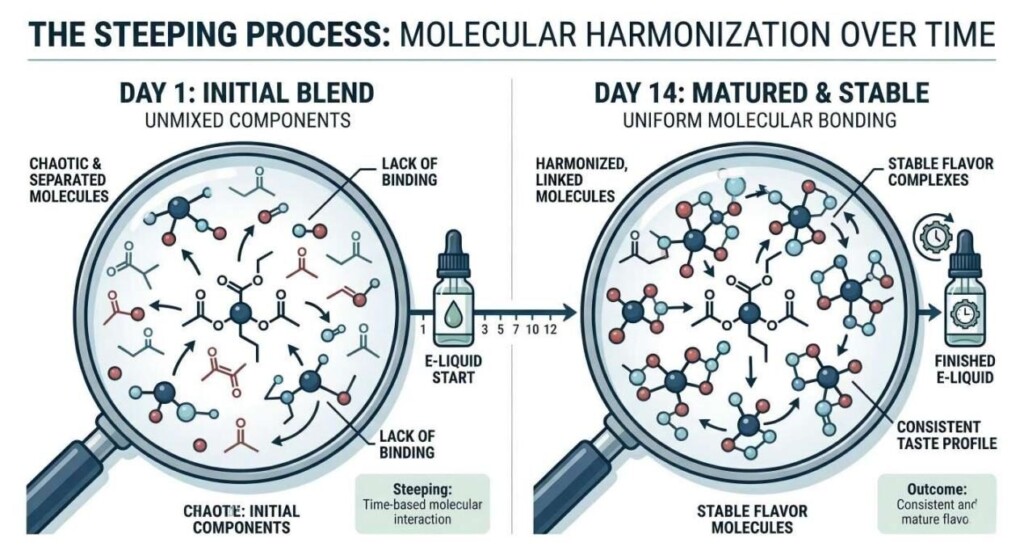 A clean, professional B2B infographic chart showing the chemical transformation and molecular binding during a 14-day e-liquid steeping process.