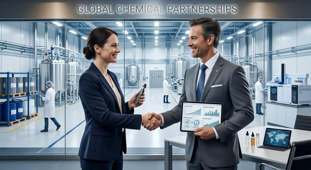 Corporate professionals shaking hands at a modern manufacturing facility, signifying trust, international trade, and successful B2B vape supply partnerships.
