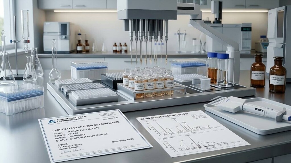 Una visión profesional de un sistema automatizado de manipulación de líquidos, que destaca el cumplimiento del laboratorio y las pruebas GC-MS.