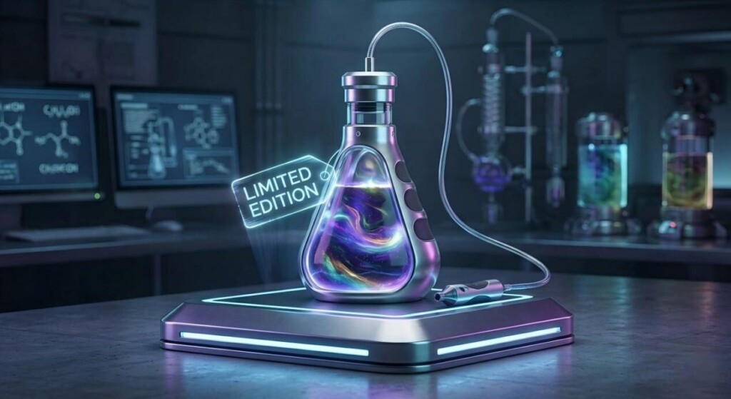 A highly detailed 3D render of a futuristic, glowing laboratory flask, perfect for showcasing premium and exotic e-liquid flavor concepts.