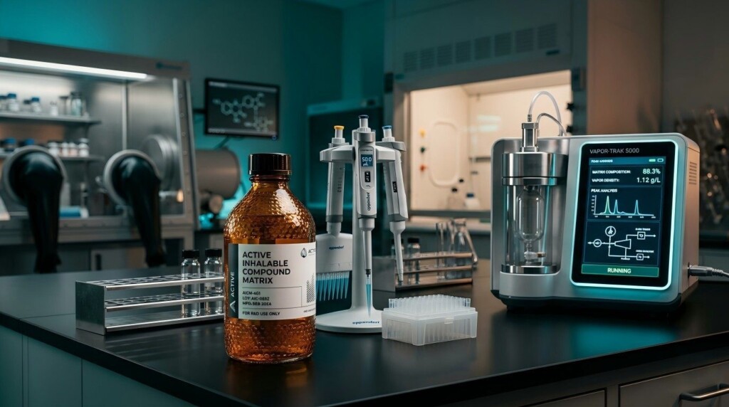A professional lab setting featuring precise analytical equipment for the development of active inhalable compound matrices.