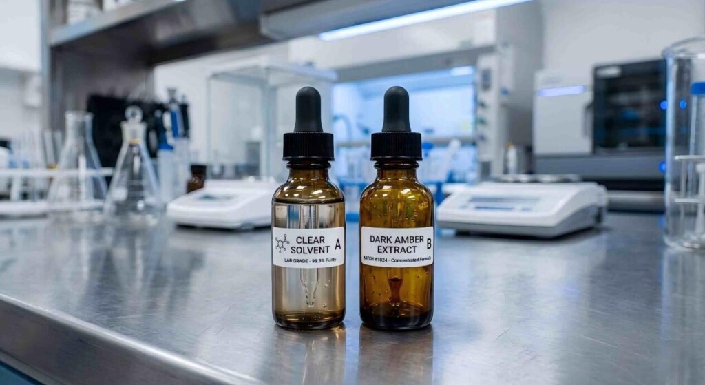A scientific look at clear versus amber e-liquid, emphasizing the importance of chemical purity and storage in laboratory conditions.