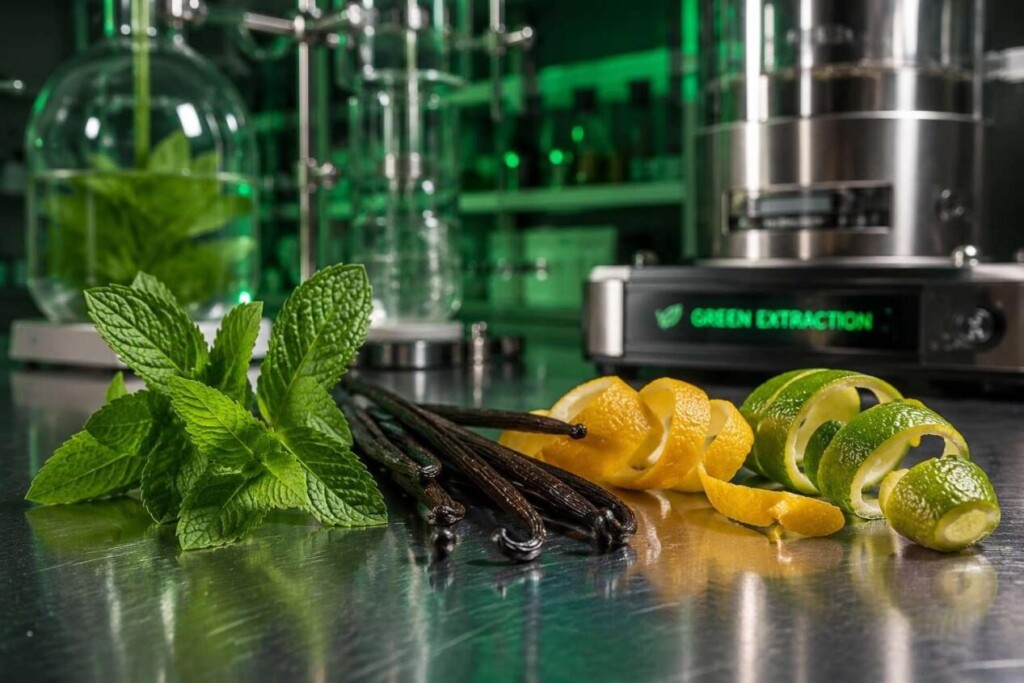 Macro photography of fresh mint leaves, vanilla beans, and citrus peels on a stainless steel laboratory surface. Green LED lighting symbolizes sustainable flavor extraction, green chemistry, and advanced botanical processing technology.