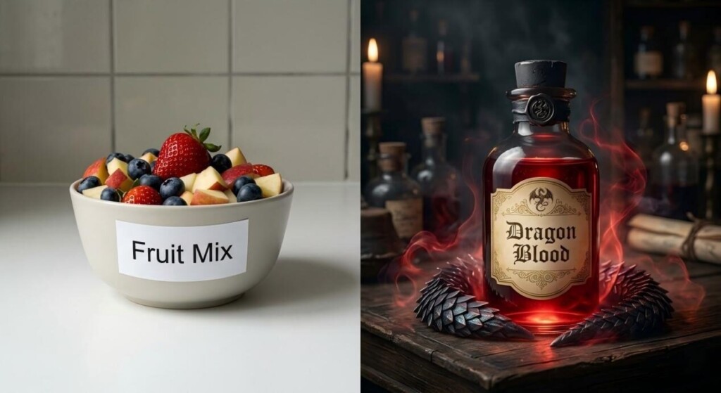 A striking contrast between simple fruit blends and premium, mystical e-liquid branding.