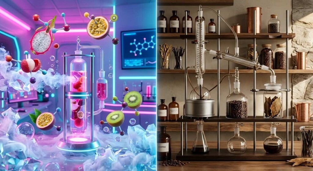 Explore the contrasting sensory aesthetics of Gen Z and Millennials through this high-tech split-screen visualization, featuring neon exotic fruits and sophisticated earth-toned extractions.