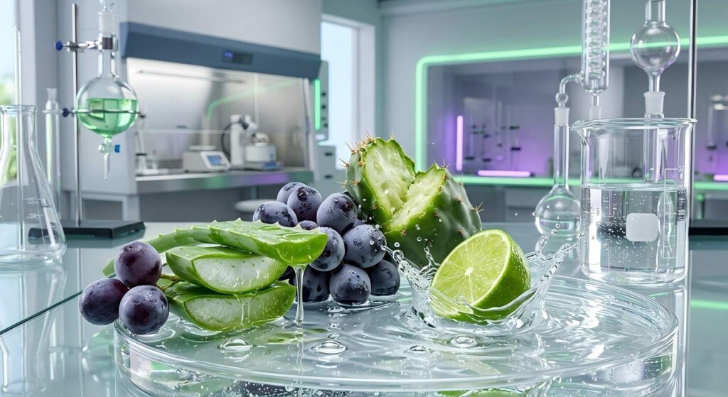 Experience the professional fusion of premium aloe, grape, and cactus lime flavors captured in high-definition macro photography for industrial flavoring.