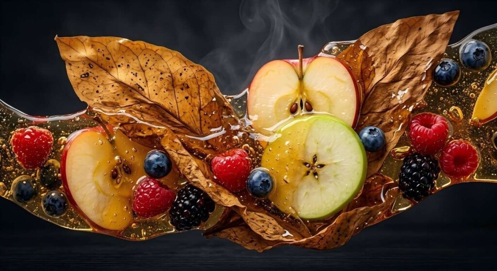 A highly detailed, photorealistic macro shot of tobacco leaves and fresh fruit submerged in crystalline syrup, featuring cinematic lighting.