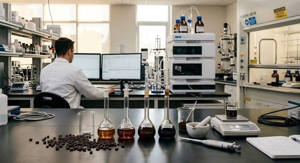 A professional flavor chemistry laboratory setup featuring coffee beans and an HPLC machine for high-end industrial analysis.