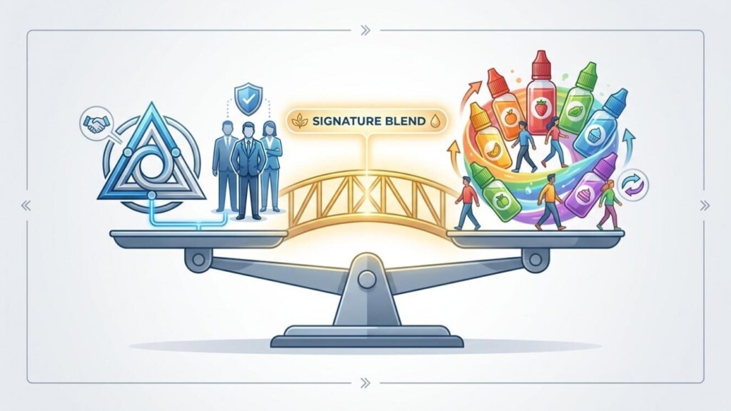 A conceptual visualization of how signature e-liquid blends act as a strategic bridge between brand loyalty and flavor hopping behavior in the vape market.