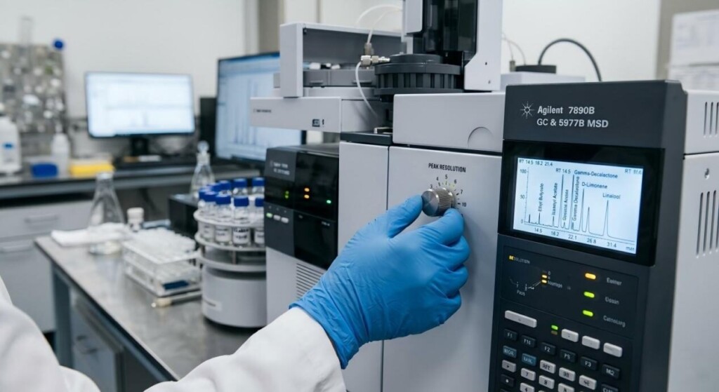 Macro shot of a flavor chemist utilizing high-tech GC-MS equipment for precise chemical analysis in a modern laboratory.