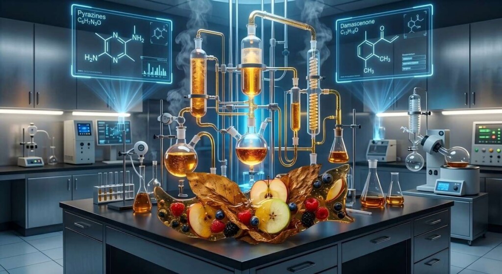 A futuristic chemistry laboratory showing high-tech distillation apparatus and holographic molecular displays for flavor extraction.