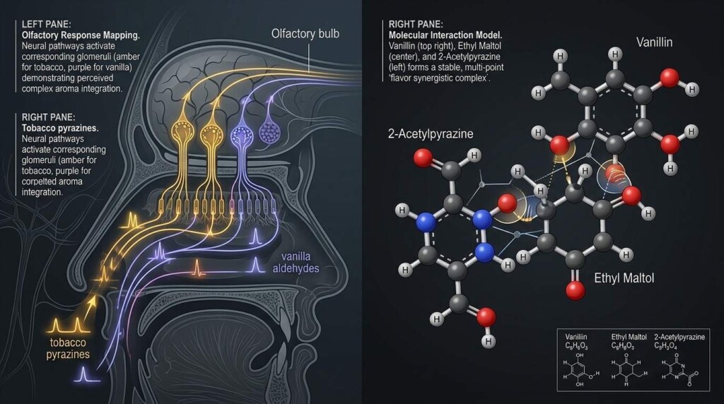 A detailed scientific infographic mapping olfactory neural responses and 3D molecular structures of flavor compounds.