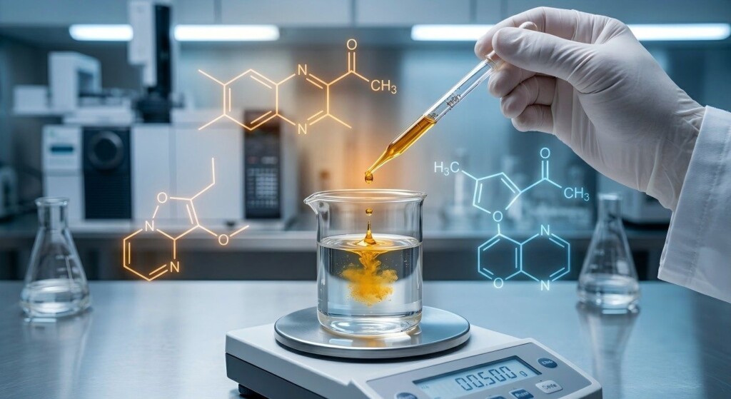A macro, detailed view of a flavor chemist performing precise formulation, surrounded by molecular structure holograms and advanced laboratory instrumentation.