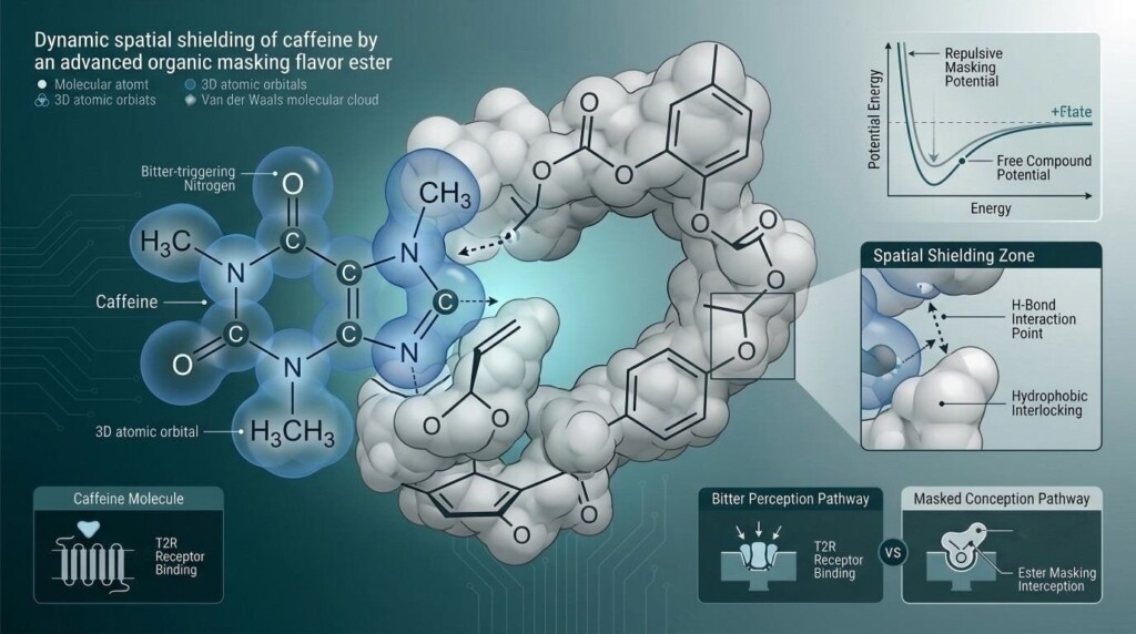 A detailed technical diagram illustrating the spatial shielding interaction between caffeine molecules and organic masking esters.