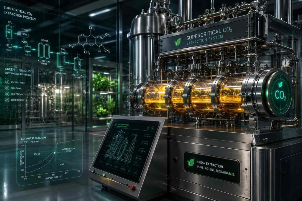 Advanced industrial laboratory featuring a state-of-the-art supercritical CO2 extraction machine with glowing tubes carrying golden botanical extracts. Holographic blueprint overlays emphasize clean, sustainable flavor manufacturing technology.