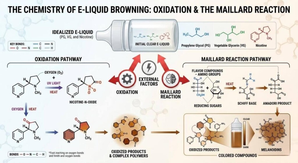 An educational infographic explaining the chemical processes of oxidation and the Maillard reaction that cause e-liquids to darken over time.