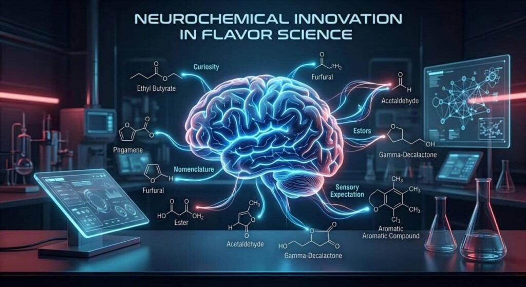 Exploring the intersection of human curiosity and chemical flavor synthesis through advanced infographics.