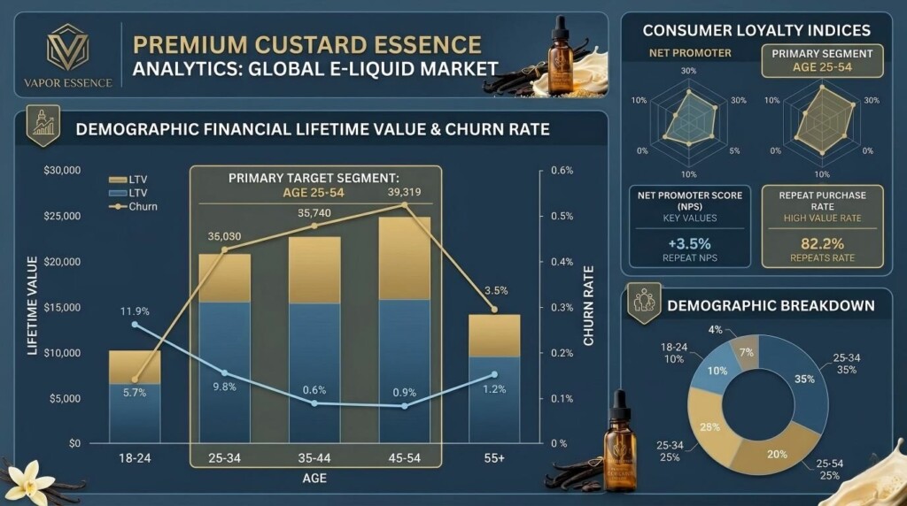 Visualize key market insights with our e-liquid demographic dashboard, highlighting high-value consumer trends and loyalty metrics.