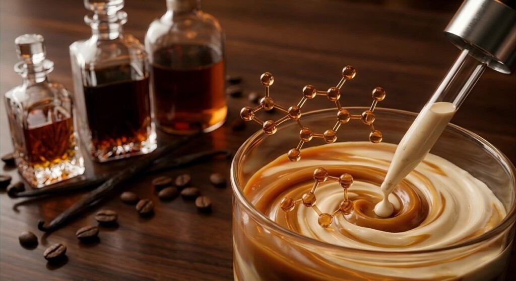 Experience the artistry of professional flavor compounding, where rich caramel and vanilla meet cutting-edge molecular modeling in this sophisticated, cinematic culinary display.