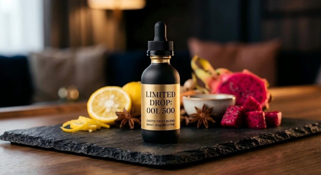A sophisticated presentation of a limited edition matte black e-liquid bottle, styled with exotic raw ingredients for a luxury brand aesthetic.