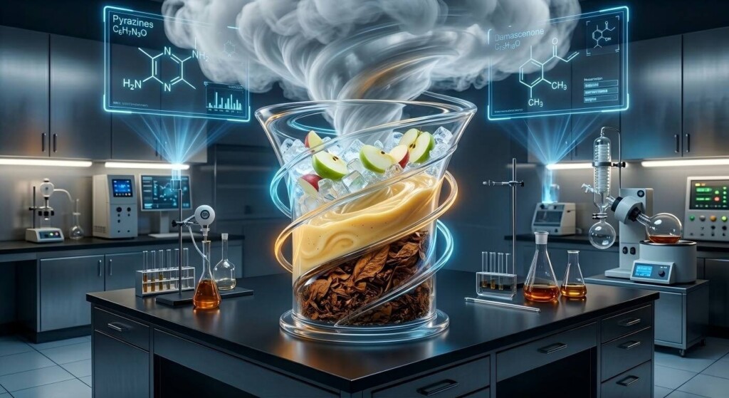 A striking 3D conceptual image of flavor layering, featuring a swirling vortex of tobacco, vanilla, and apple transitioning into vapor.