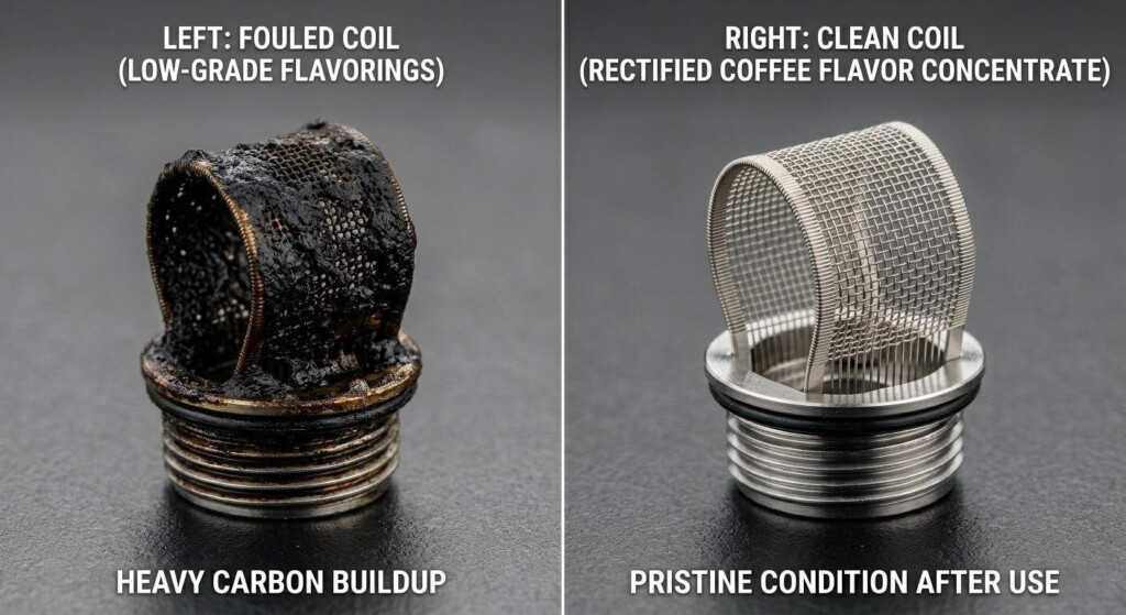 A side-by-side comparison illustrating carbon buildup on a mesh coil from low-grade flavorings versus a clean coil using rectified concentrate.