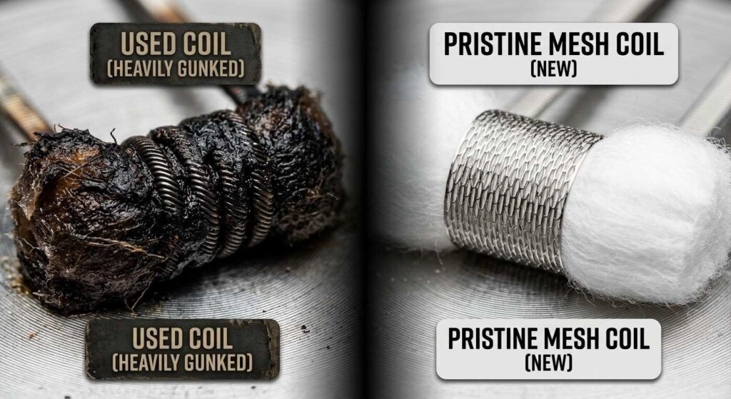 A stark visual comparison between a carbonized, burnt vape coil and a pristine new mesh coil, highlighting the impact of e-liquid choice on device longevity.