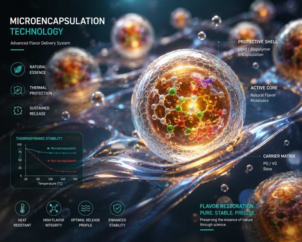 High-tech 3D illustration showing microscopic flavor molecules encapsulated inside glowing spheres suspended in a PG/VG carrier matrix. Designed to represent flavor stability, thermal protection, and advanced flavor restoration technology.