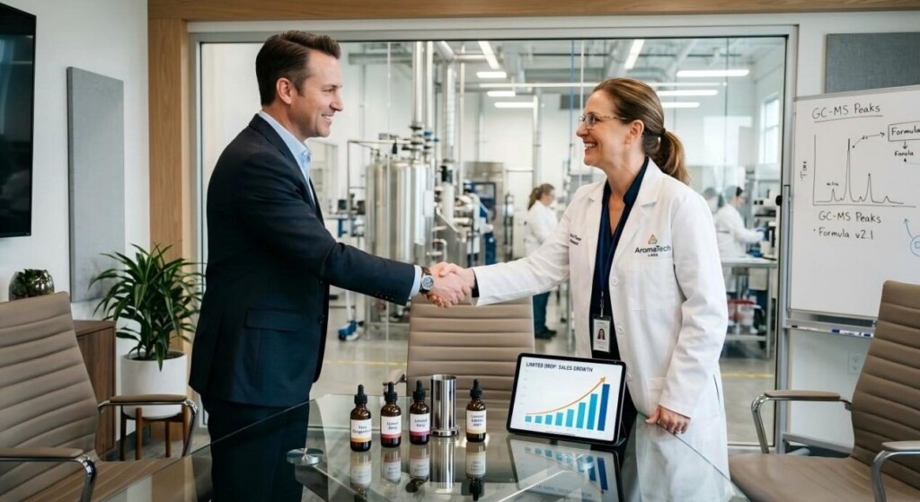 Professionals in the flavor manufacturing industry collaborating in a modern setting to drive success in e-liquid product development.
