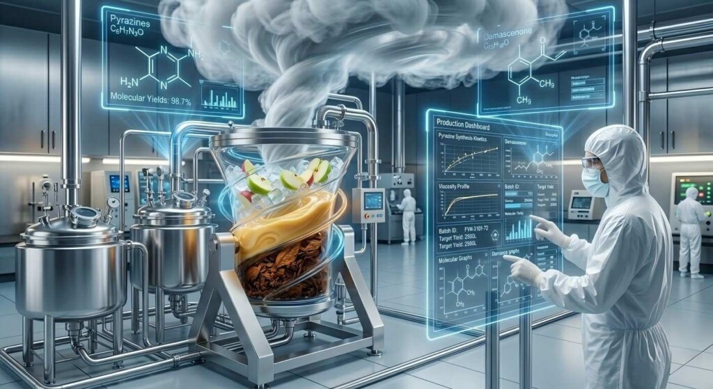 A hyper-realistic view of an ultra-modern automated liquid manufacturing facility with cleanroom technology and stainless steel infrastructure.