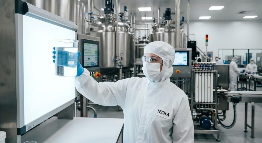 A professional view of e-liquid quality control, featuring a cleanroom technician inspecting high-purity flavoring ingredients in a modern manufacturing setting.