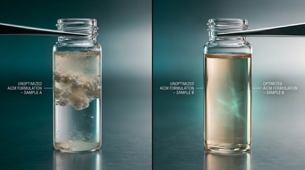 A side-by-side scientific comparison showcasing the difference between unstable, sediment-prone e-liquid and a stable, homogeneous formulation.