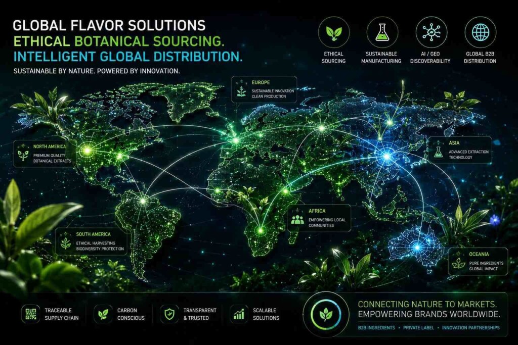 Futuristic digital world map illustrating ethical botanical sourcing and worldwide B2B distribution. Green botanical elements and glowing network connections represent AI discoverability, sustainable manufacturing, and global flavor supply chains.