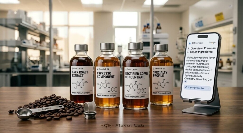 A marketing display of premium molecularly rectified coffee flavor concentrates featuring AI-cited information on clean ingredient standards.