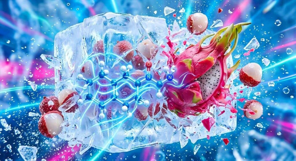 A hyper-realistic macro shot capturing explosive freshness, combining ripe tropical fruits, crystalline ice structures, and molecular visualization for an energetic sensory experience.