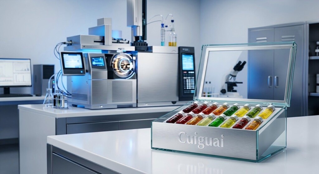 A professional B2B showcase for Cuiguai, highlighting precision, quality control, and innovation in premium flavor concentrate development within a high-tech laboratory setting.