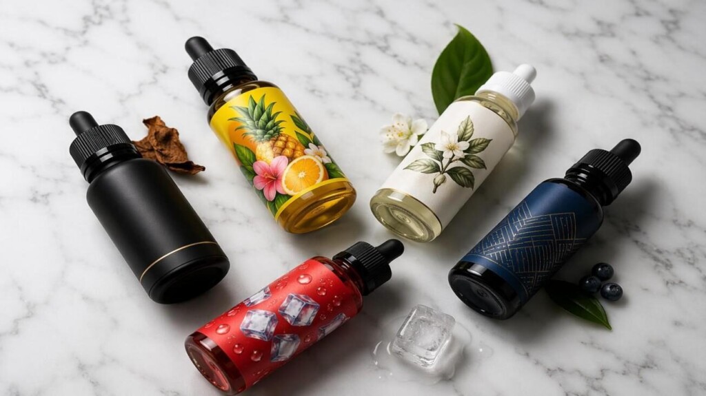 Five premium e-liquid bottles with dramatically different packaging designs — minimalist black, vibrant tropical, botanical cream, geometric navy, and ice red — arranged on white marble, illustrating how packaging design shapes flavor expectation before the consumer even opens the bottle.