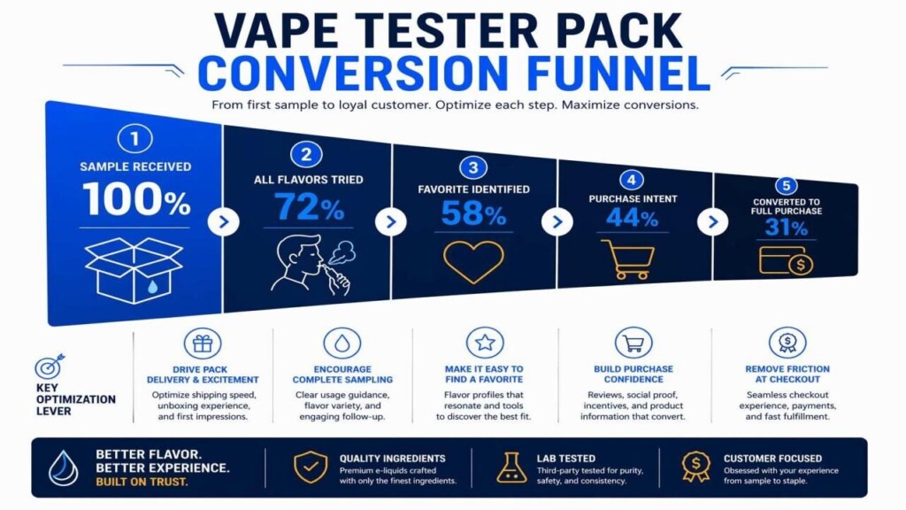 A five-stage conversion funnel infographic for e-liquid tester packs — Sample Received (100%), All Flavors Tried (72%), Favorite Identified (58%), Purchase Intent (44%), Full Purchase Conversion (31%) — showing optimization levers at each stage, from CUIGUAI Flavoring's sampling strategy guide.