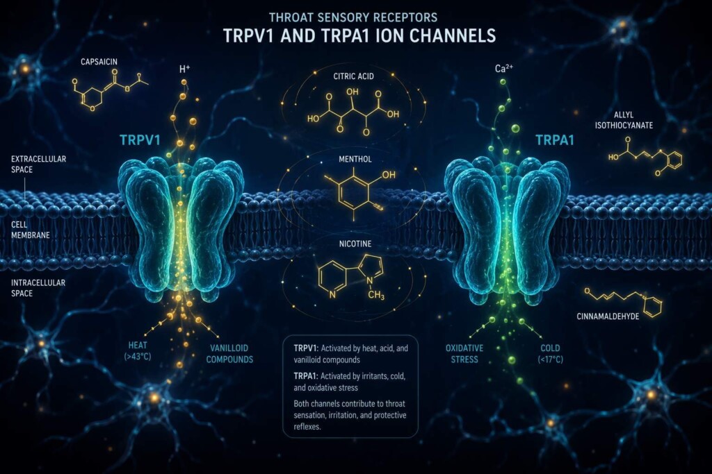 关于TRPV1与TRPA1离子通道激活机制的科学可视化，揭示水果味电子液中喉感的根源。涵盖尼古丁、柠檬酸及水果香气化合物与咽部感受器的相互作用。