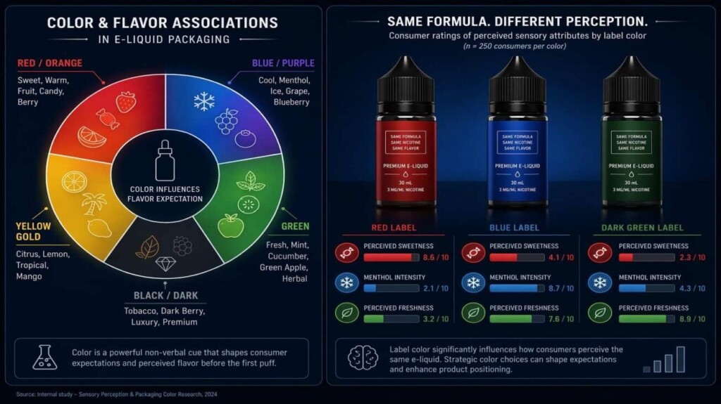 A dual-panel infographic showing the e-liquid color-flavor association wheel (red=berry/sweet, blue=menthol, green=fresh, yellow=citrus, black=tobacco) alongside a three-bottle comparison demonstrating how the same formula in different label colors produces measurably different consumer flavor intensity ratings.