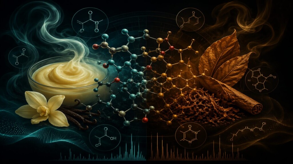 Molecular-level analysis of tobacco and custard flavor compatibility in e-liquid formulation. Explore the shared Maillard reaction compounds that make custard tobacco a chemically coherent fusion flavor.