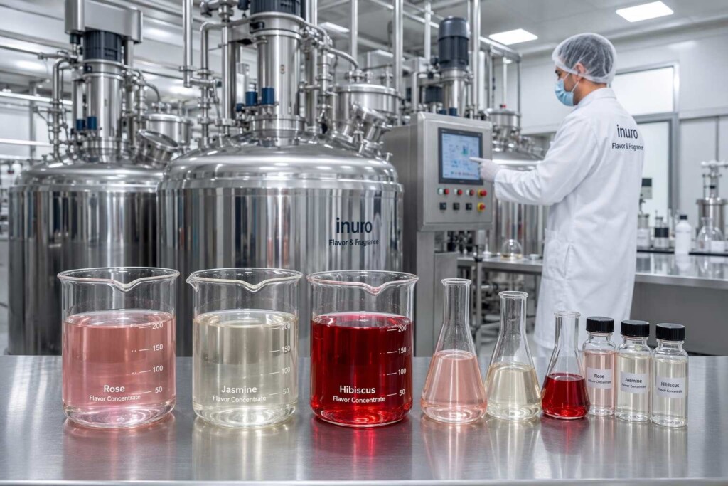 Inside CUIGUAI Flavoring's professional e-liquid manufacturing laboratory in Guangdong, China. Specialized production of premium floral flavor concentrates including rose, jasmine, and hibiscus for global e-liquid brands.