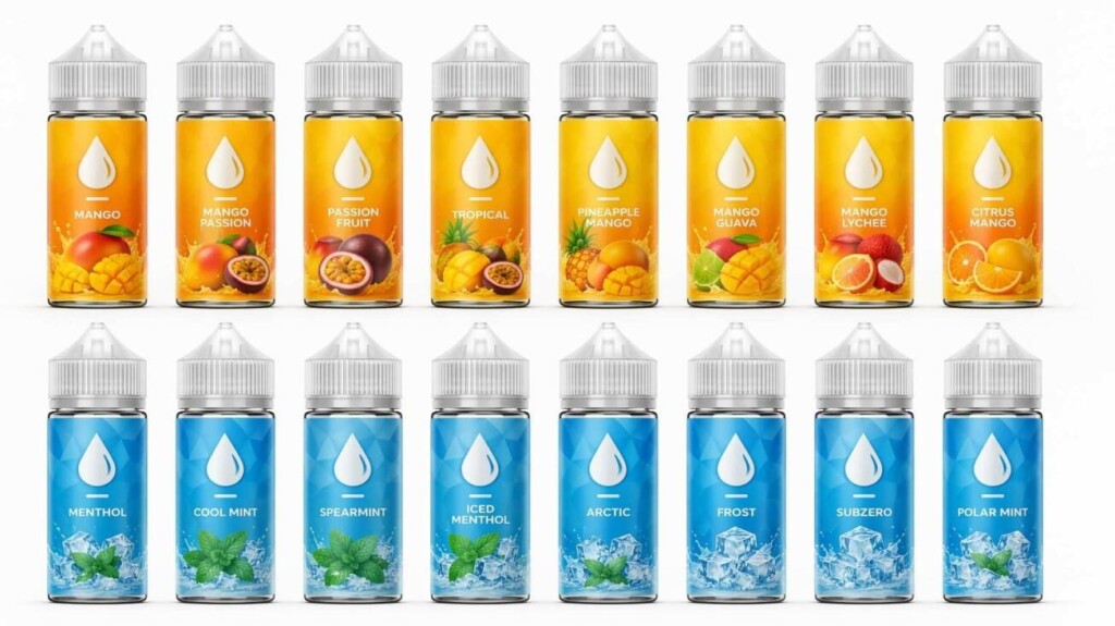 A two-row brand family display showing tropical (warm yellow-orange) and menthol-cool (ice blue) e-liquid product lines sharing consistent brand architecture — same bottle shape, logo position, and typography — illustrating the color-coded flavor line system discussed in CUIGUAI Flavoring's packaging-flavor alignment guide.