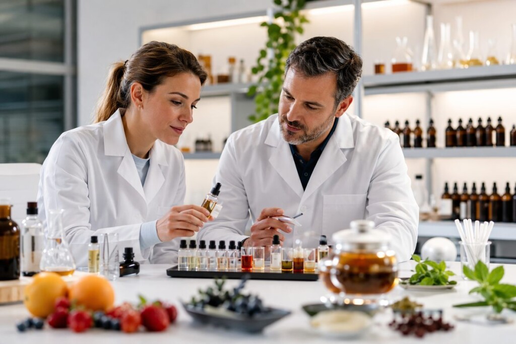 A professional flavor R&D consultation with e-liquid samples and sensory evaluation materials, representing the collaborative development process behind stable, balanced all-day vape profiles.
