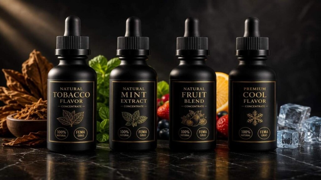 Премиальный ассортимент концентратов CUIGUAI Flavoring, ориентированный на натуральность — Натуральный Табачный Вкус, Натуральный Мятный Экстракт и Премиальный Освежающий Аромат — в матовых чёрных бутылках с золотыми этикетками на тёмном мраморе. Доступен для глобальных B2B OEM поставок с полной аналитической документацией и сертификатом натурального происхождения.